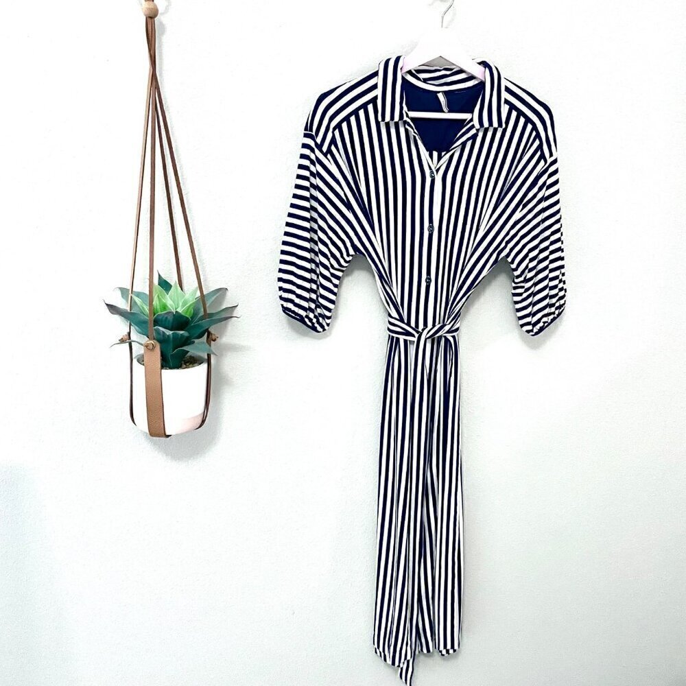 Indies Loyal Navy White Stripe Tie Waist Technical Jersey Dress Size 38 - Picture 2 of 6
